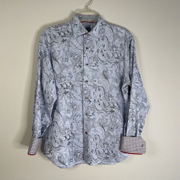 Luchiano Visconti Blue Gray & Red Paisley Design Long Sleeve Shirt Size Medium - Picture 12 of 16